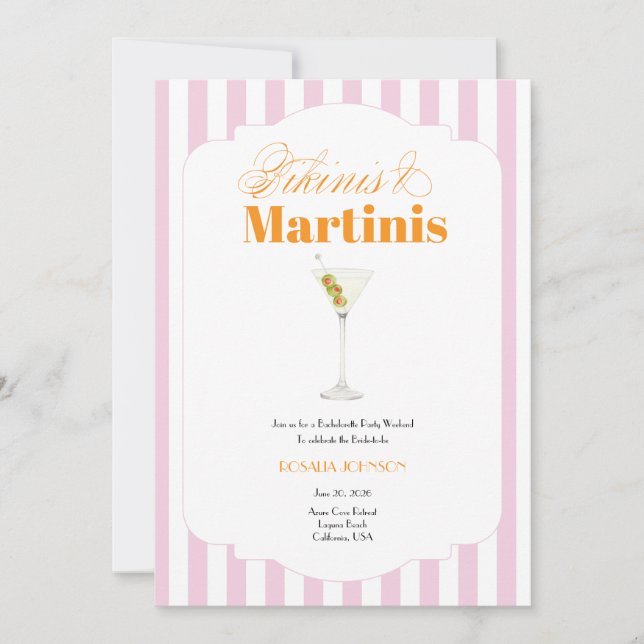 Bikinis & Martinis bachelorrette (Pink & Orange) Invitation (Front)