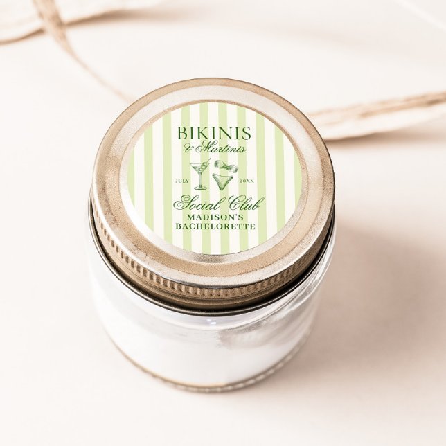 Bikinis & Martinis Green Striped Classic Round Sticker (Creator Uploaded)