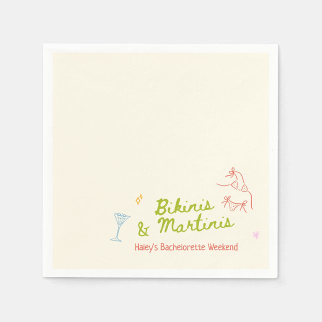 Bikinis & Martinis Hand Drawn Bachelorette Napkin (Front)