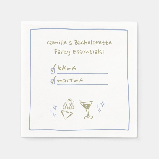 Bikinis & Martinis Handwritten Bachelorette Party  Napkin (Front)