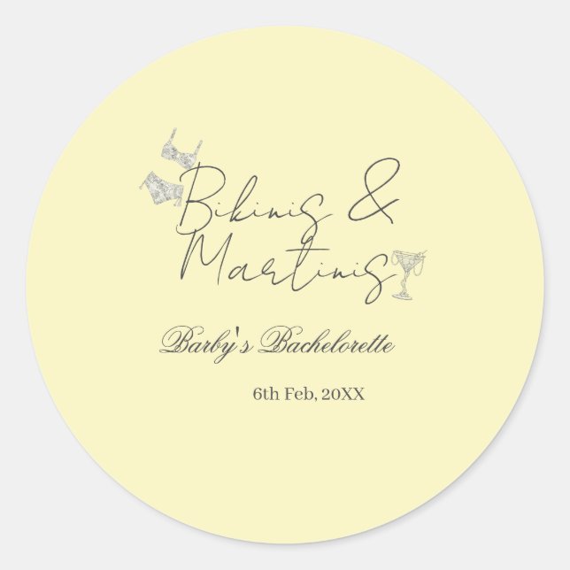 Bikins & Martinis bachelorette party yellow retro Classic Round Sticker (Front)