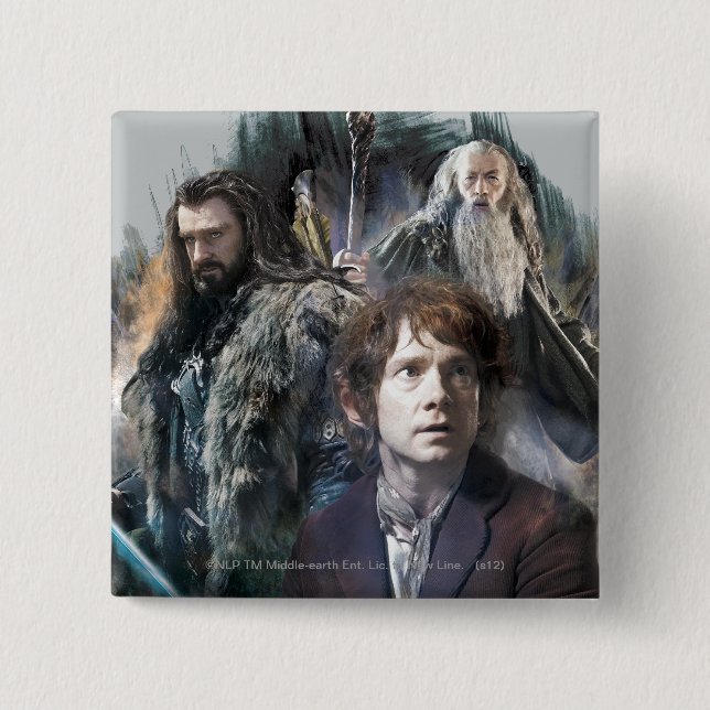 BILBO BAGGINS™, THORIN OAKENSHIELD™, & Gandalf 15 Cm Square Badge (Front)