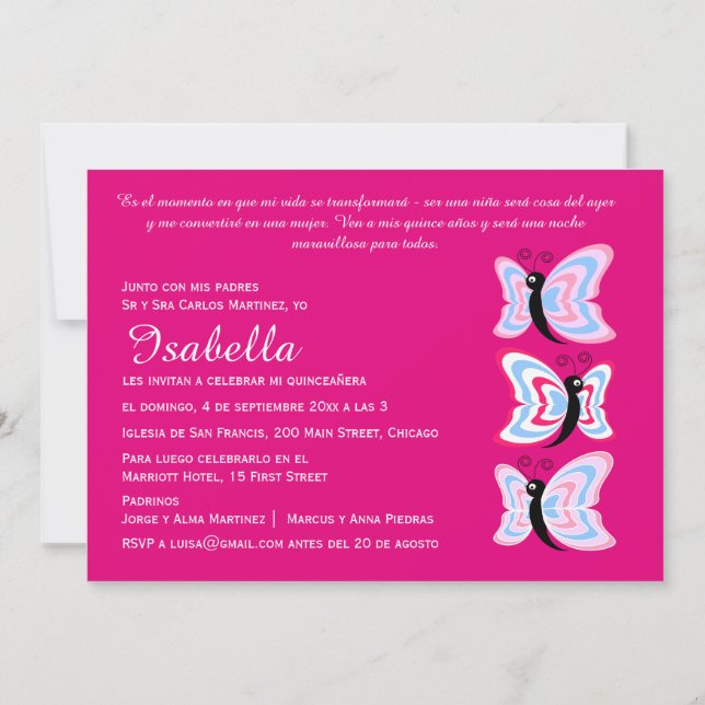 Bilingual 2-sided Quinceañera Butterfly Birthday Invitation (Back)