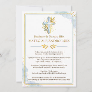 Bilingual Baptism Invitation Boy Cross Gold