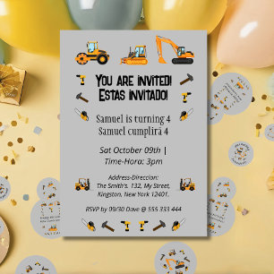 Bilingual Birthday Party Construction Themed Invitation