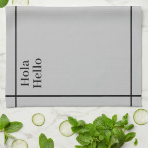 Bilingual Black&grey Hola-Hello, Spanish-English Tea Towel