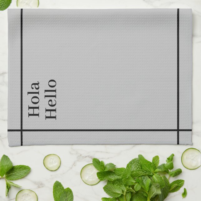 Bilingual Black&grey Hola-Hello, Spanish-English Tea Towel (Folded)