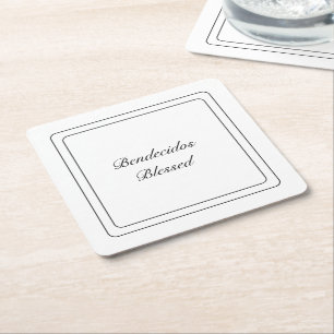Bilingual Black & White Spanish Bendecido Blessed Square Paper Coaster