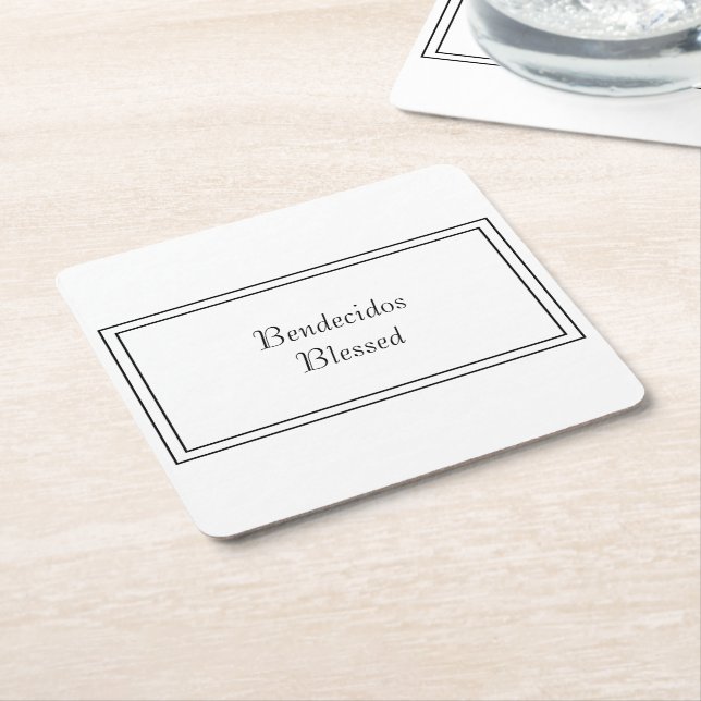 Bilingual Black & White Spanish Bendecido Blessed  Square Paper Coaster (Angled)