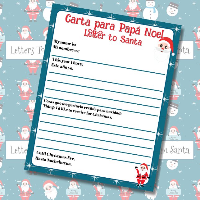Bilingual Blue Editable Letter to Santa Spanish (Bilingual Letter to Santa, personalized & custom text, name, lines to. write. Multilingual Project)
