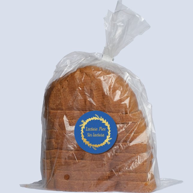 Bilingual Blue Golden Lactose Free - Sin Lactosa Classic Round Sticker (Lactose free blue bilingual round sticker, custm text, Spanish. Multilingual project)