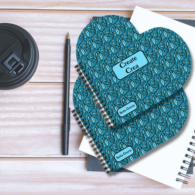 Bilingual Blue leaves Create Crea Spanish Spiral Notebook (Blue Turquoise Leaves Create crea" Spiral Notebook bilingual text & custom name multilingual project)