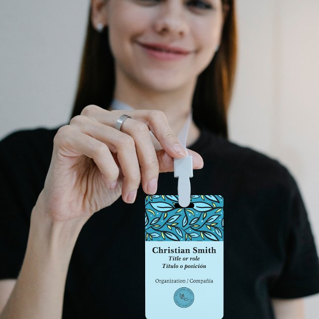 Bilingual Blue Turquoise Leaves Pattern ID Badge (Blue leaves Name Badge Bilingual, Personalized for small businesses Multilingual Project)