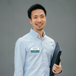 Bilingual Blue White Leaves Pattern Badge