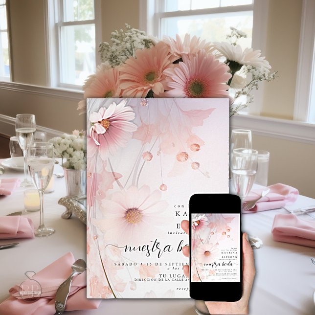 Bilingual Blush Pink Daisy / rubor rosa margarita Invitation (Creator Uploaded)