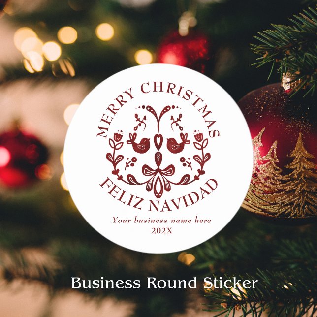 Bilingual Christmas Spanish Burgundy Birds Classic Round Sticker (Round sticker Christmas Spanish small business, custom business name & text. Multilingual Project)