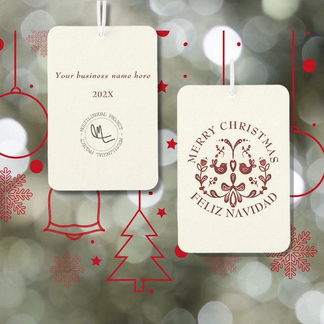 Bilingual Christmas Spanish Text Burgundy Birds Car Air Freshener (Christmas business bilingual air freshener, custom text & language. Marketing. Multilingual Project)