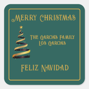 Bilingual Feliz Navidad Christmas Green Golden Square Sticker