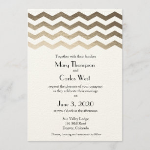 Bilingual Gold Ecru Chevron Wedding Invitation