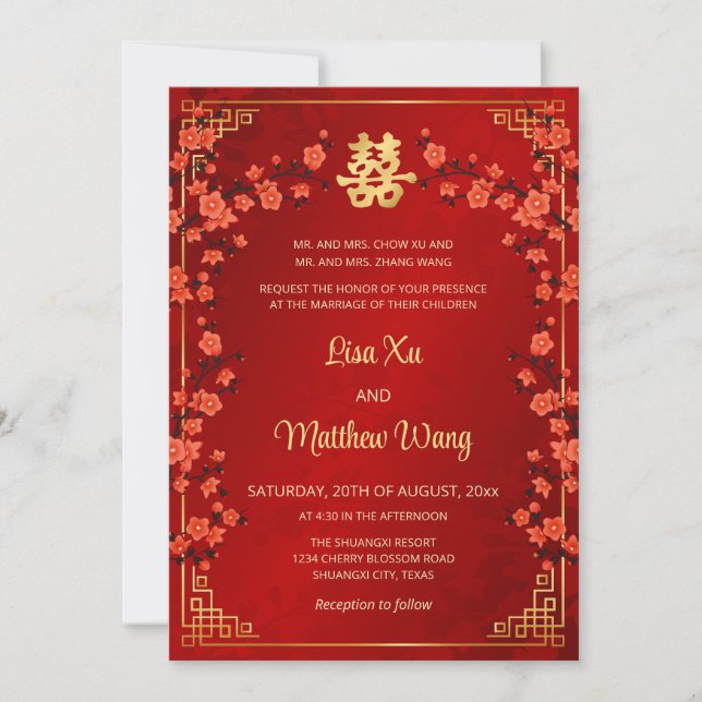  BILINGUAL Gold Frame Red Chinese Wedding Invitation (Front)