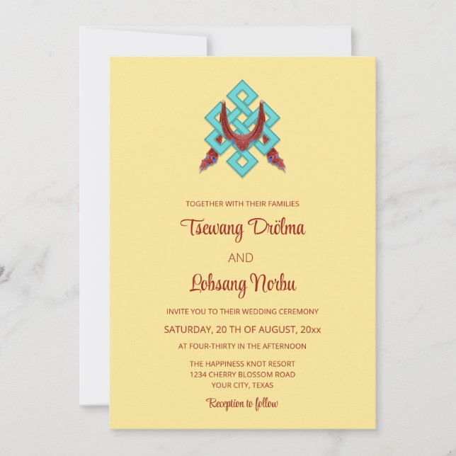 BILINGUAL Knot Of Happiness | Tibetan Wedding  Invitation (Front)
