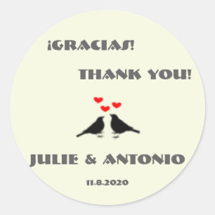 Bilingual Love Birds Wedding Thank You Sticker