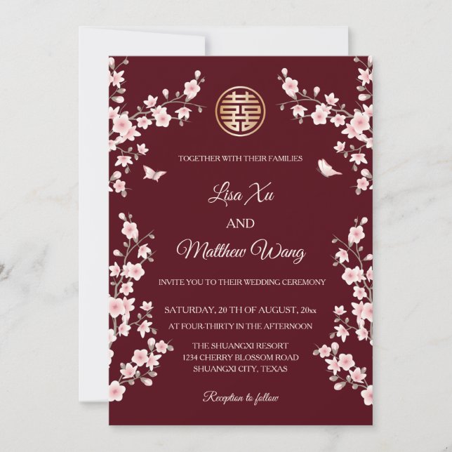 BILINGUAL | Maroon Blush Blossom Chinese Wedding Invitation (Front)