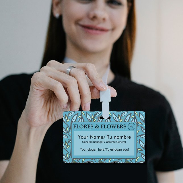 Bilingual Name with Blue Turquoise Leaves Pattern ID Badge (Bilingual blue leaves name badge Spanish, small company, personalized text. multilingual Project)