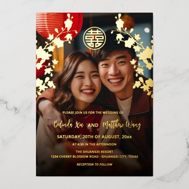 BILINGUAL Photo Red Gold Chinese Wedding (Front)