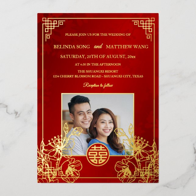 BILINGUAL Photo Red Gold Chinese Wedding (Front)