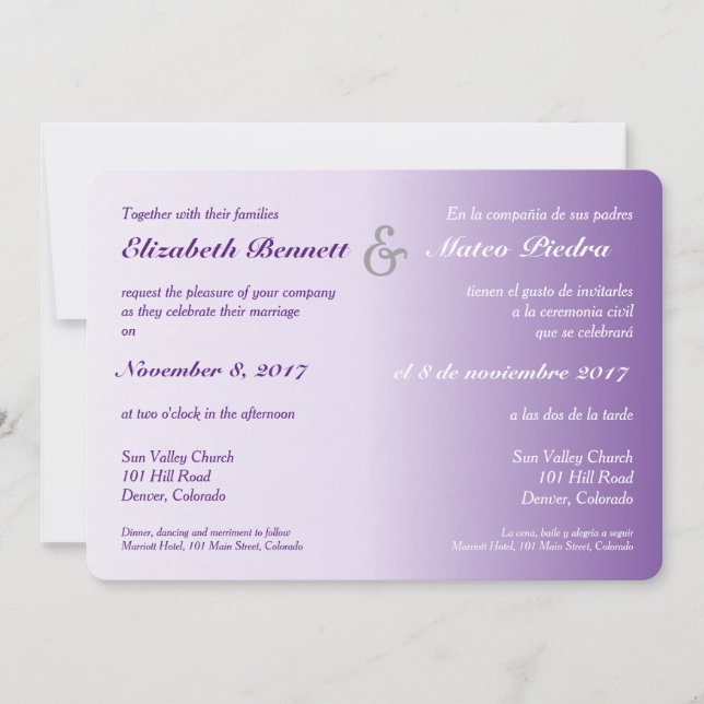 Bilingual Purple Ombre Wedding Invitation (Front)