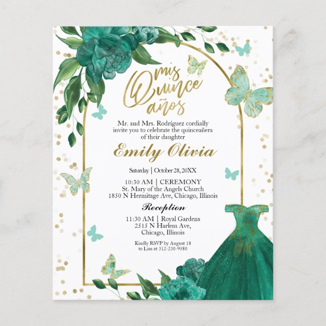 Bilingual Quinceanera Butterflys Budget Invitation (Front)