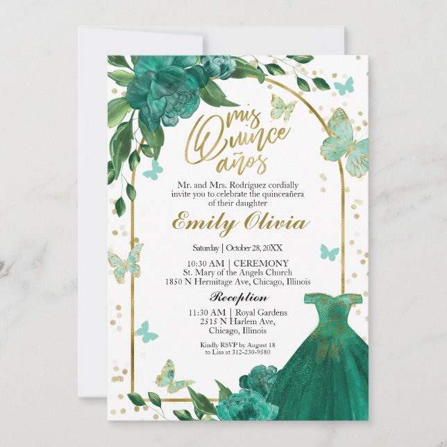 Bilingual Quinceanera Butterflys Emerald Green Invitation (Front)