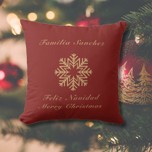 Bilingual Red and Golden Christmas Feliz Navidad Cushion