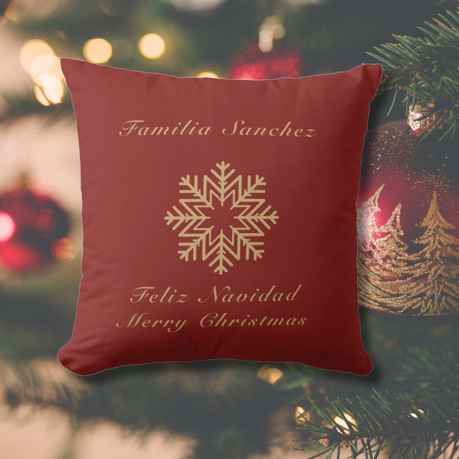 Bilingual Red and Golden Christmas Feliz Navidad Cushion (Bilingual red & golden throw pillow, custom family name & text. Multilingual Project)