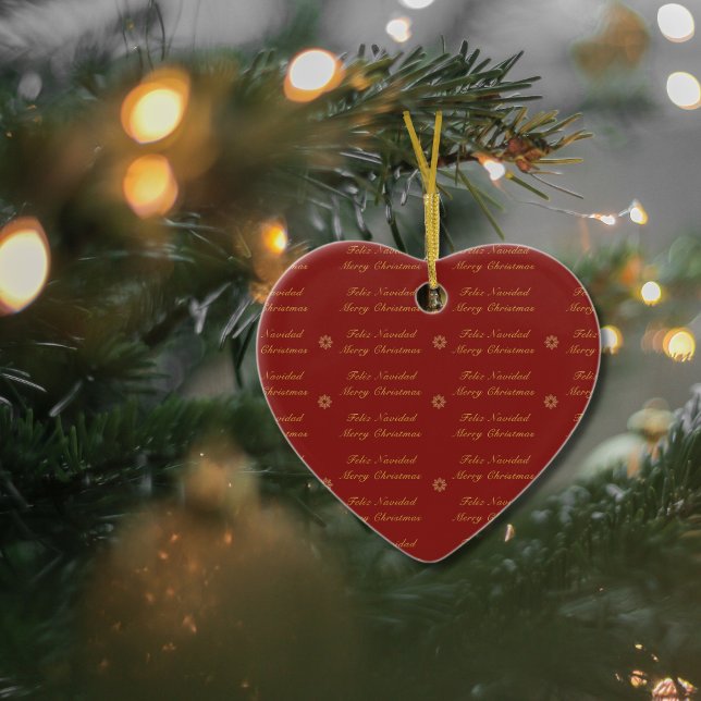 Bilingual Red and Golden Christmas Snowflake Ceramic Ornament (Bilignual Ornament, custom family name & Spanish text. Multilingual Project)