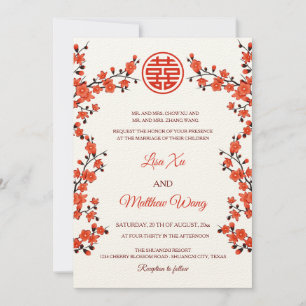 BILINGUAL Red Cherry Blossom   Chinese Wedding Invitation