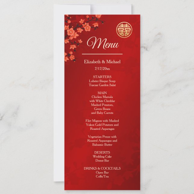 BILINGUAL Red Cherry Blossom Chinese Wedding Invitation (Front)