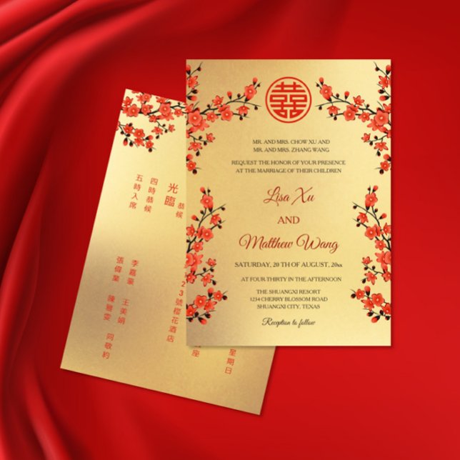 BILINGUAL Red Cherry Blossom | Chinese Wedding Invitation (Creator Uploaded)