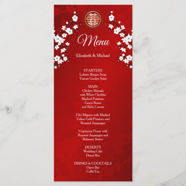 BILINGUAL Red Cherry Blossom Chinese Wedding  Menu (Front)