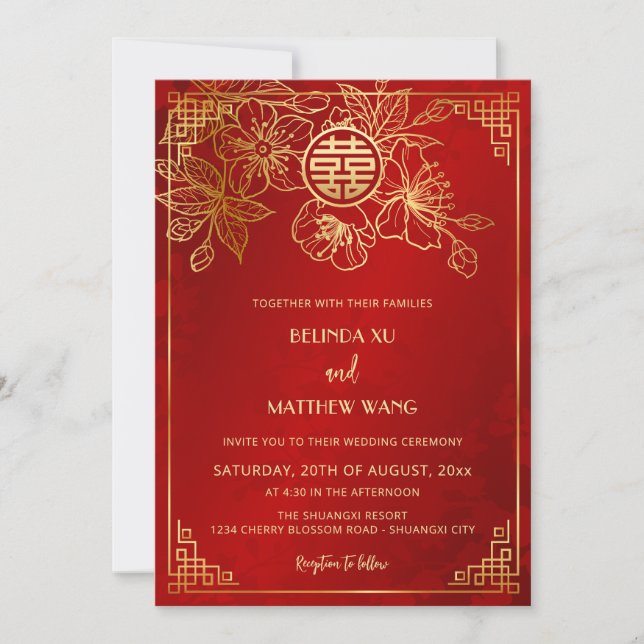 BILINGUAL Red Gold Chinese Wedding Invitation (Front)