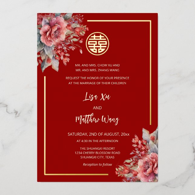 BILINGUAL Roses Red Gold Chinese Wedding (Front)