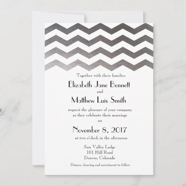 Bilingual Silver Chevron Wedding Invitation (Front)