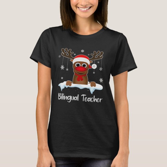 Bilingual Teacher Squad Reindeer Santa Hat Christm T-Shirt (Front)