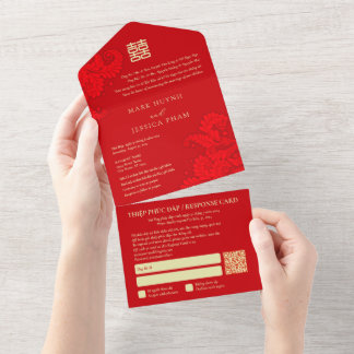 Bilingual Vietnamese English Red Wedding All In On One Invitation
