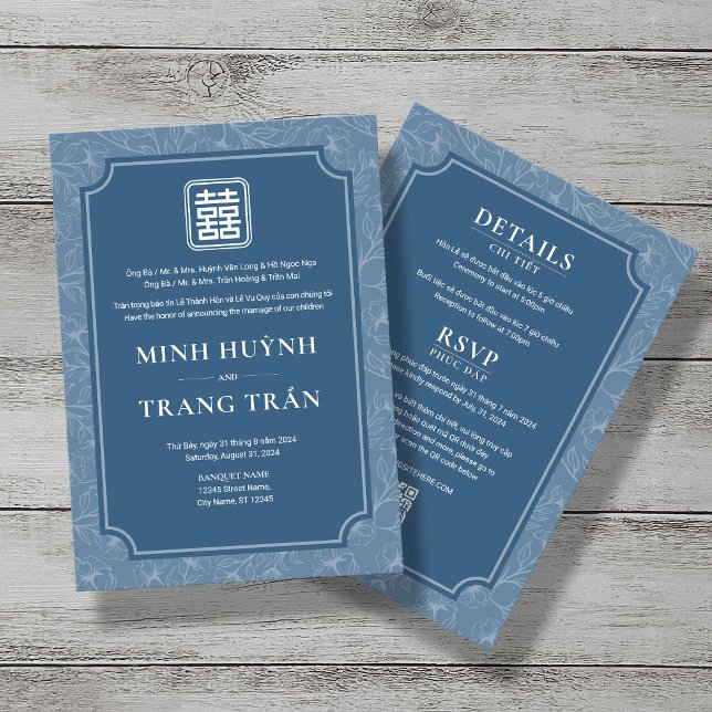 Bilingual Vietnamese Greyish Blue Song Hy Wedding Invitation (Creator Uploaded)
