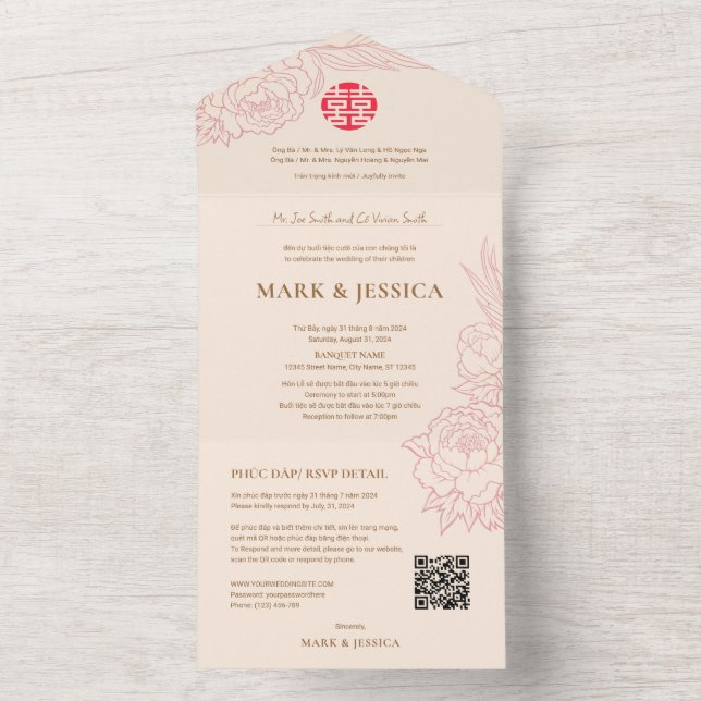 Bilingual Vietnamese Peonies Traditional All In One Invitation (Inside)