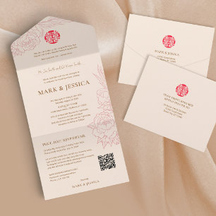 Bilingual Vietnamese Peonies Traditional All In One Invitation