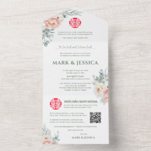 Bilingual Vietnamese Peonies Traditional All In One Invitation