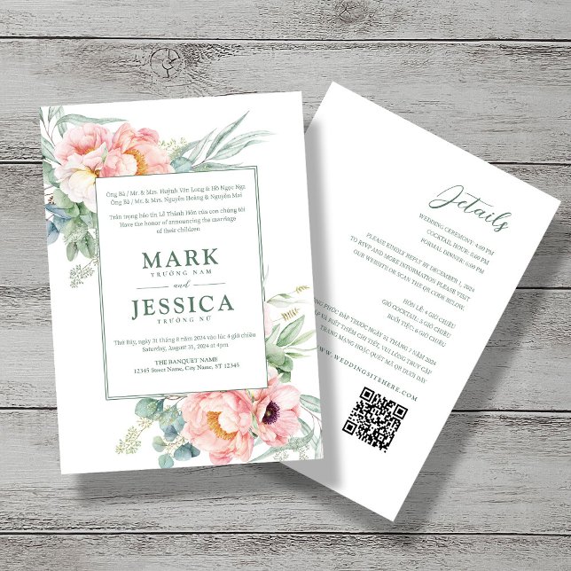 Bilingual Vietnamese Pink White Flower Wedding Invitation (Creator Uploaded)